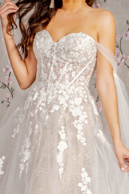 Floral embroidery long open shoulder transparent tight corset wedding dress