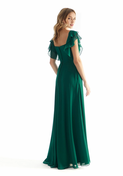 A-line square neck chiffon ruffle sleeve back zipper and floor length dress