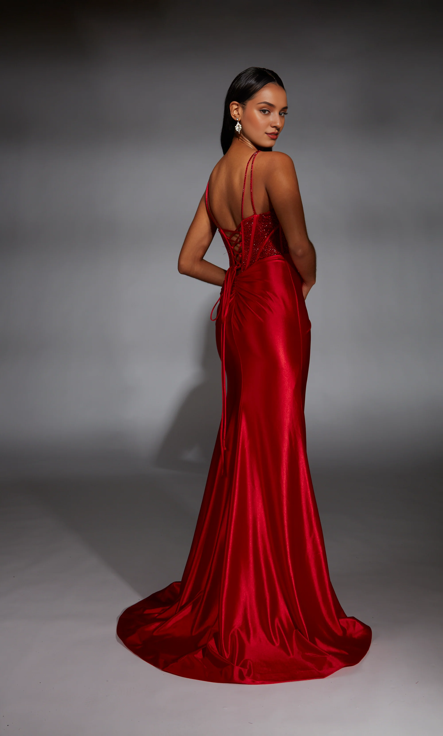 Satin deep V-neckline straight tube evening gown with lace up slit tight corset long formal dress