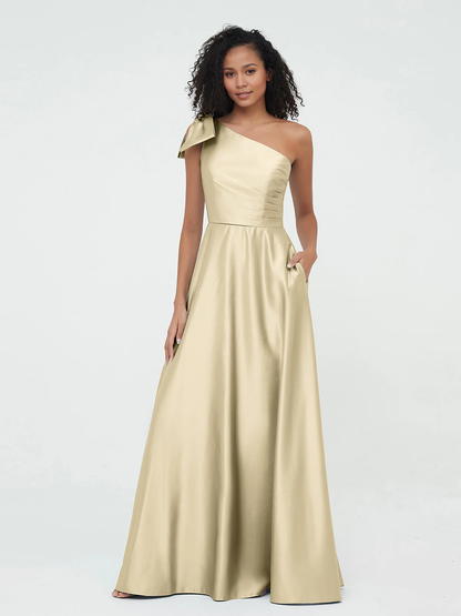 Pocket one shoulder long satin bridesmaid dress