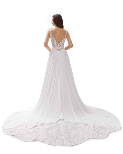 Elegant A-line V-neck ultra long lace wedding dress