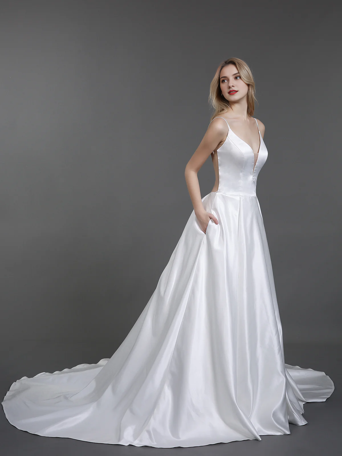 Thin shoulder strap simple satin wedding dress