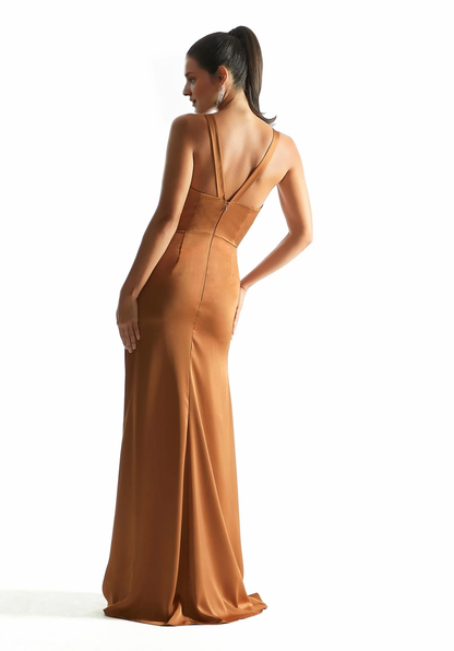 A-line satin V-neck slim fit V-back bridesmaid dress