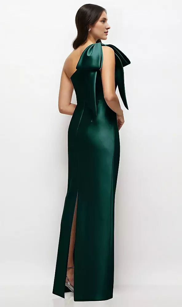 One shoulder bow satin long bridesmaid dress