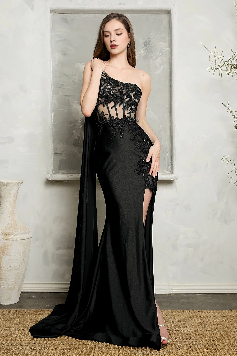 Fitted slit skirt embroidered long one shoulder transparent tight corset dress