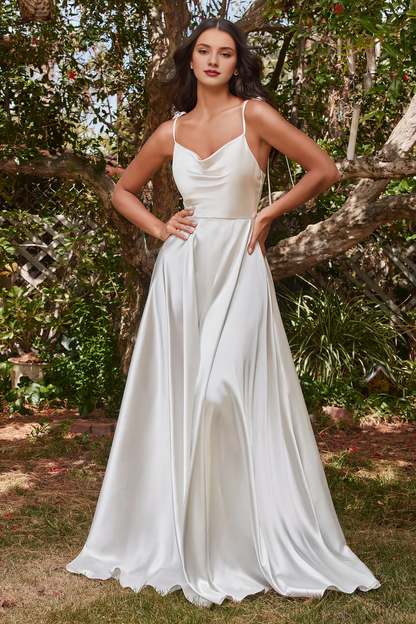 White long satin A-line wedding dress