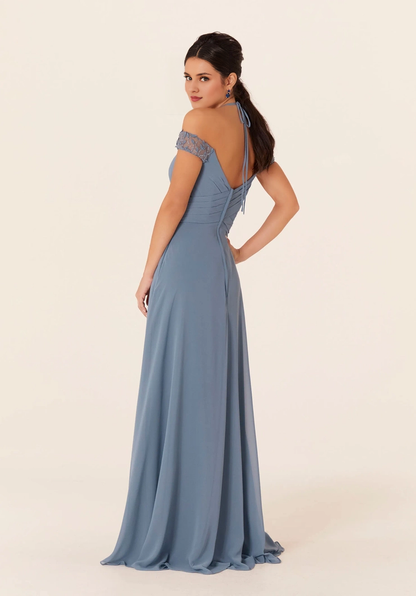 V-neck tight corset off shoulder chiffon bridesmaid dress