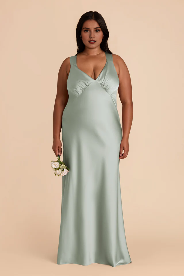 A-line skirt with crossed back and deep V-shaped matte satin bridesmaid dress