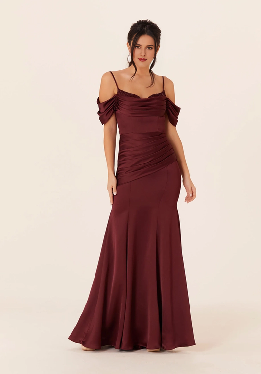 Thin shoulder strap beaded off shoulder satin pleated scarf collar bridesmaid dress