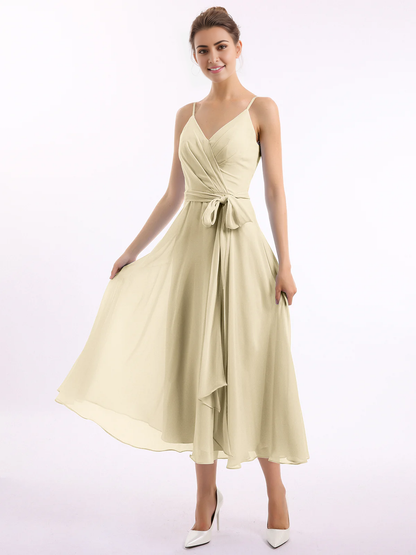 Belt bow thin shoulder strap long dress