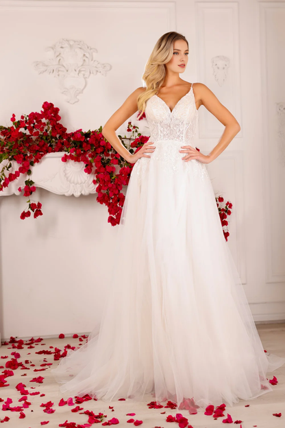 Embroidered applique long sleeveless chiffon wedding dress