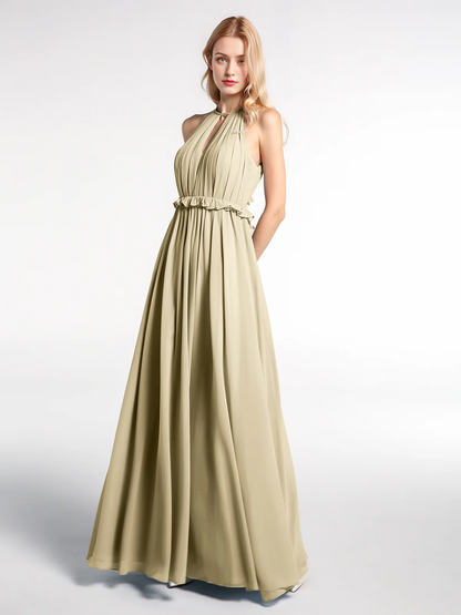 Keyhole collar backless chiffon long dress