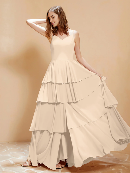 Bohemian style V-neck and floor length skirt with flowing ruffle edge bridesmaid dress