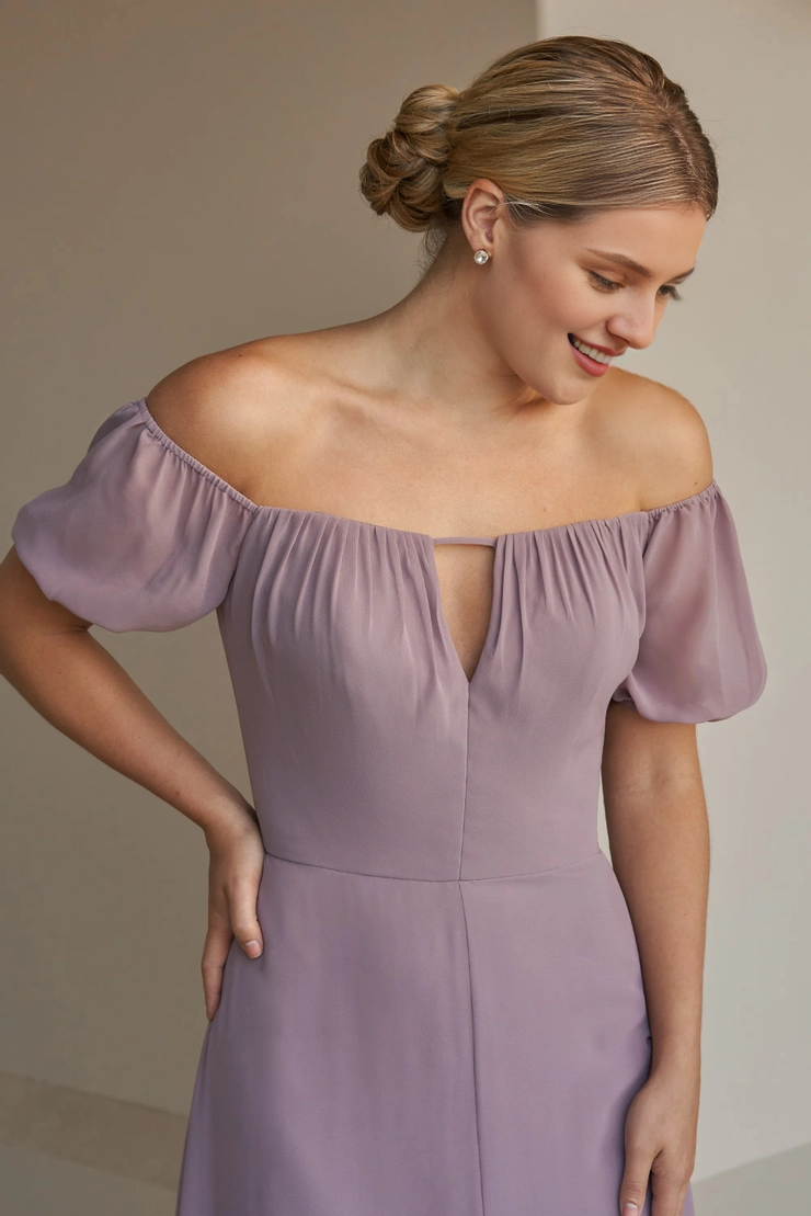 A-line thin shoulder strap off shoulder collar short bubble sleeves central slit bridesmaid dress