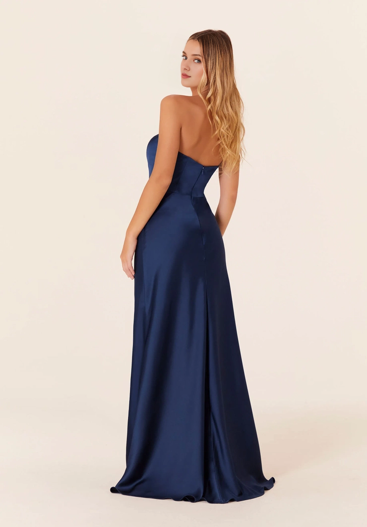 Satin straight neckline off shoulder front skirt with slit bridesmaid dress