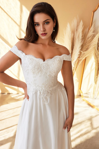 Long white off shoulder wedding dress