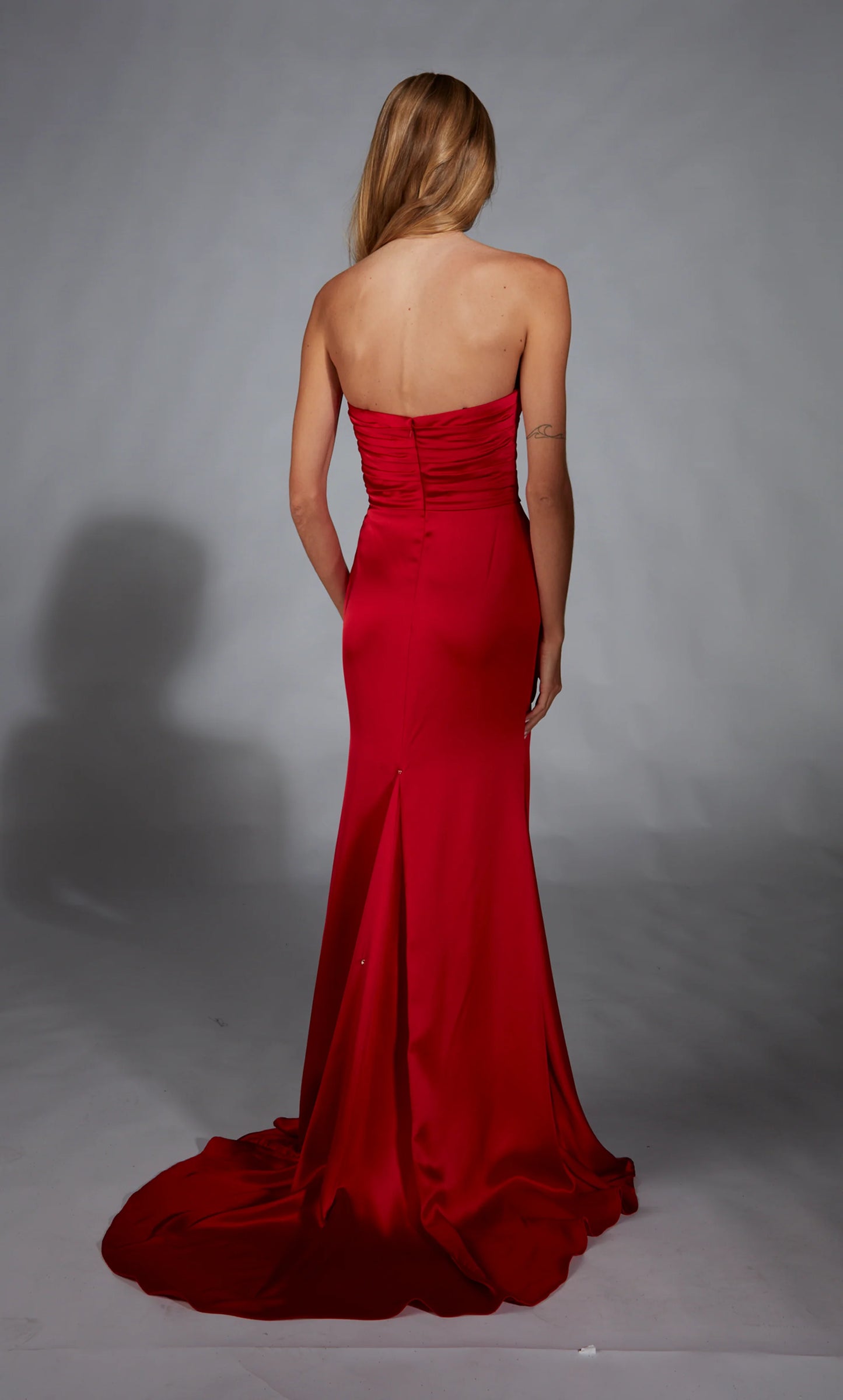 Off shoulder slim fit evening gown with flared slit and hanging long formal dress