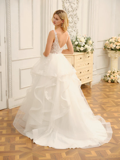 V-neck sleeveless applique long ball gown wedding dress