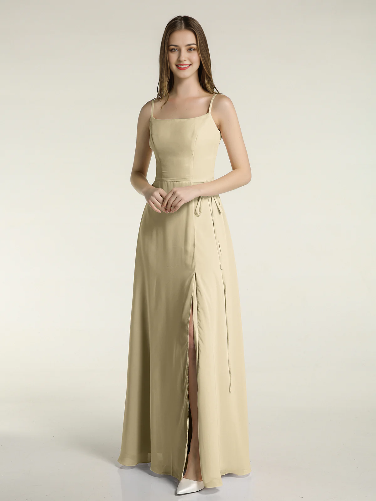 Simple slim shoulder strap slit chiffon dress