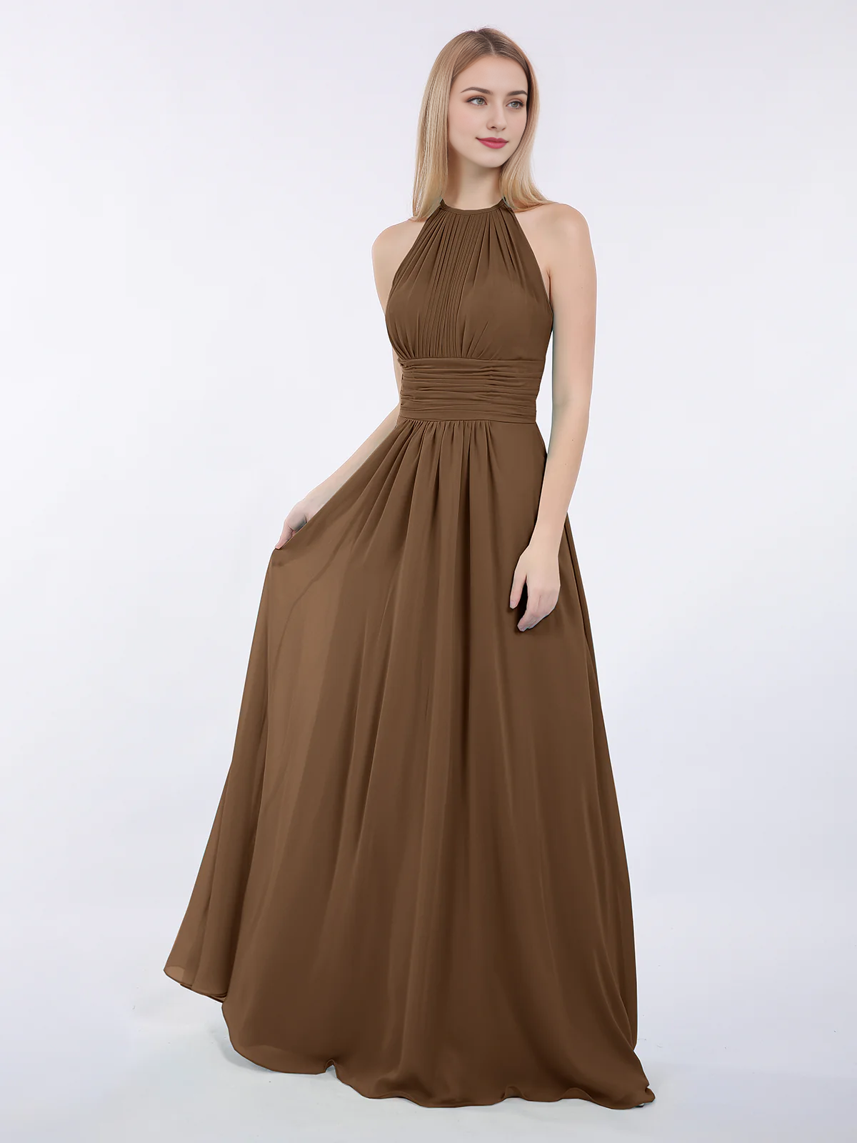 Hanging neck chiffon extra long bridesmaid dress