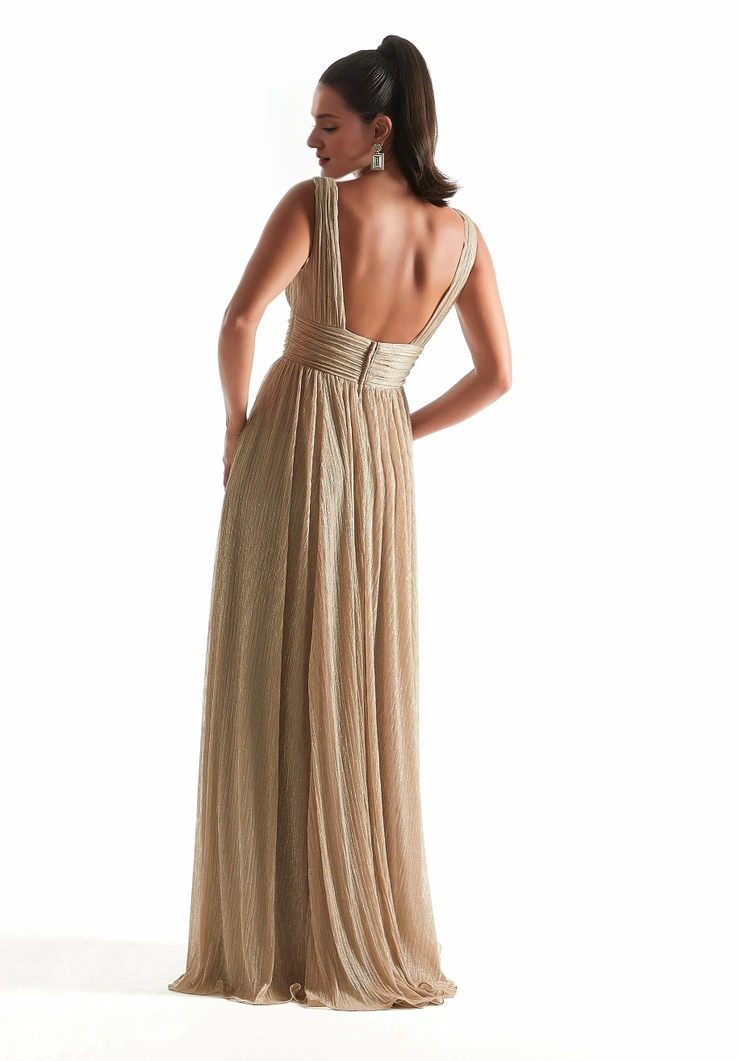 A-line V-neck slim shoulder strap pleated square back front skirt slit bridesmaid dress