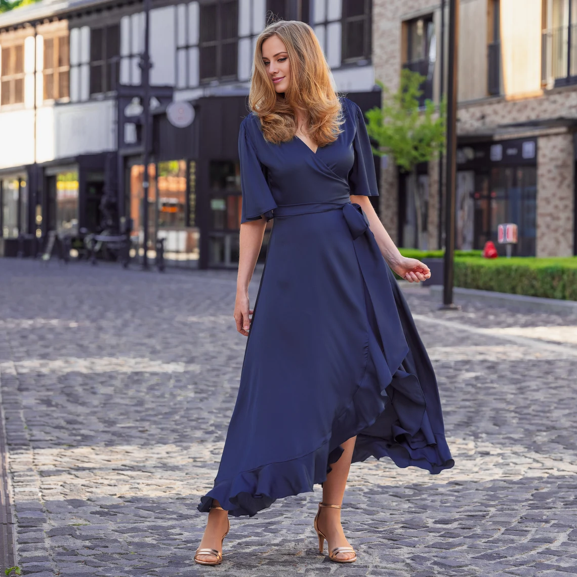 Jimiss V-neck slim shoulder strap pleated backless side slit and floor length evening dress main image 0