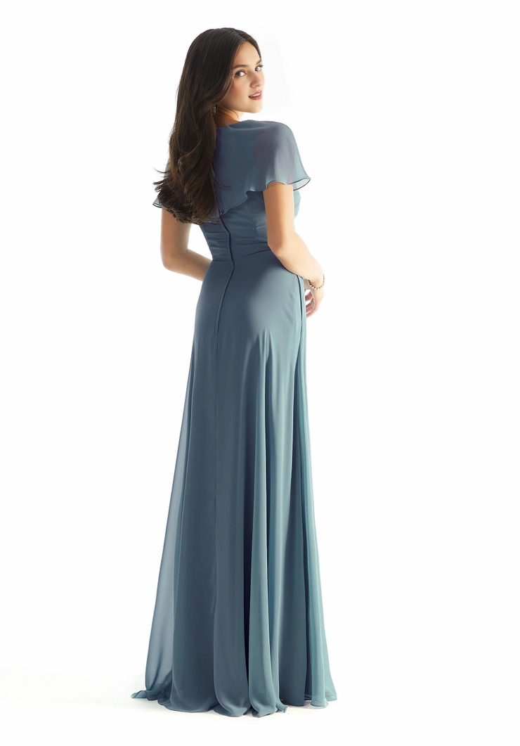 A-line off shoulder chiffon V-neck front skirt with slit and floor length dress