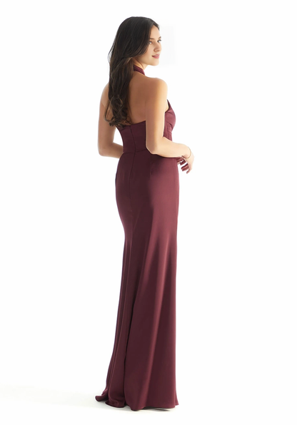 Sleeveless hanging neck exposed back zipper satin and floor length dress