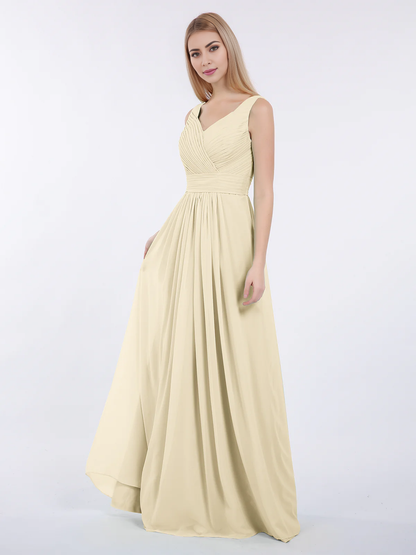 V-neck full-length chiffon pleated dress