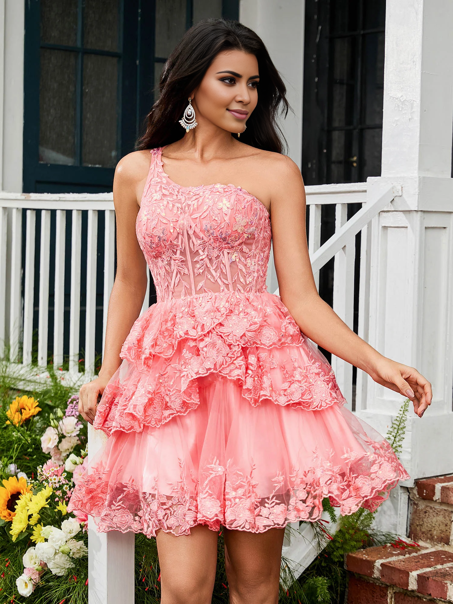 A-line shoulder layered chiffon mini Homecoming dress