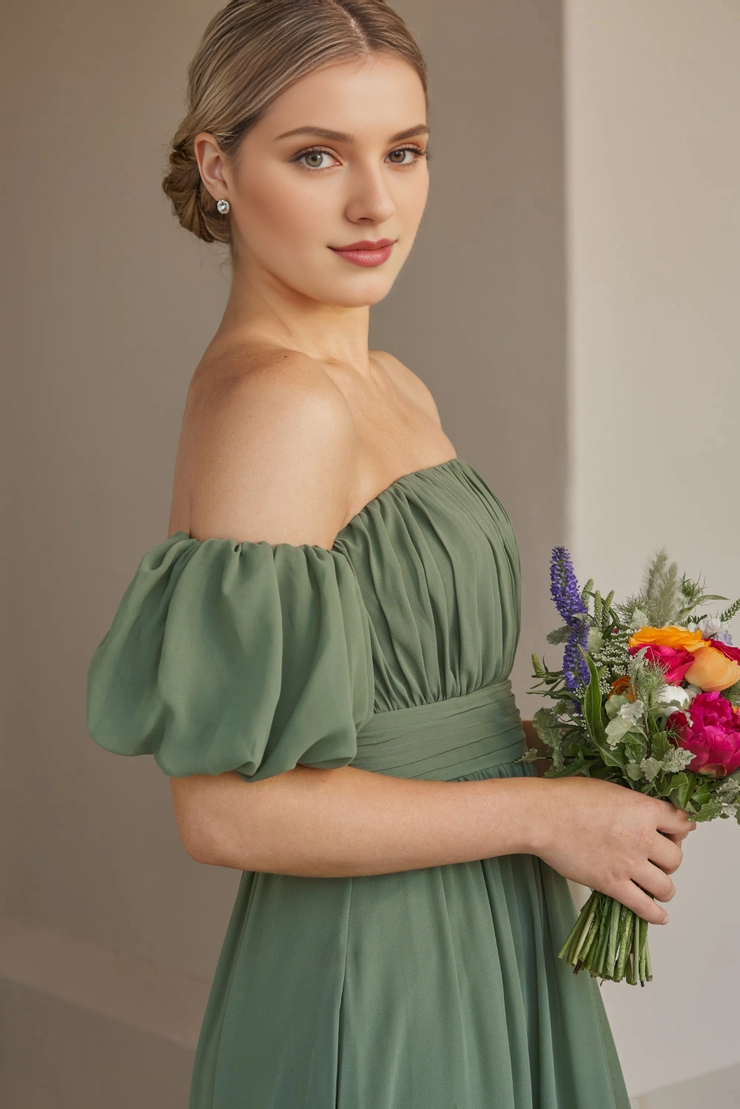 Off shoulder collar chiffon A-line detachable bubble sleeve bridesmaid dress