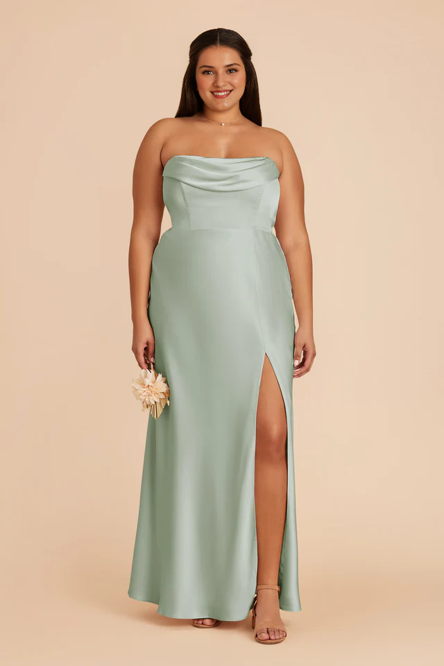 Folded collar off shoulder satin backless and floor length bridesmaid dress