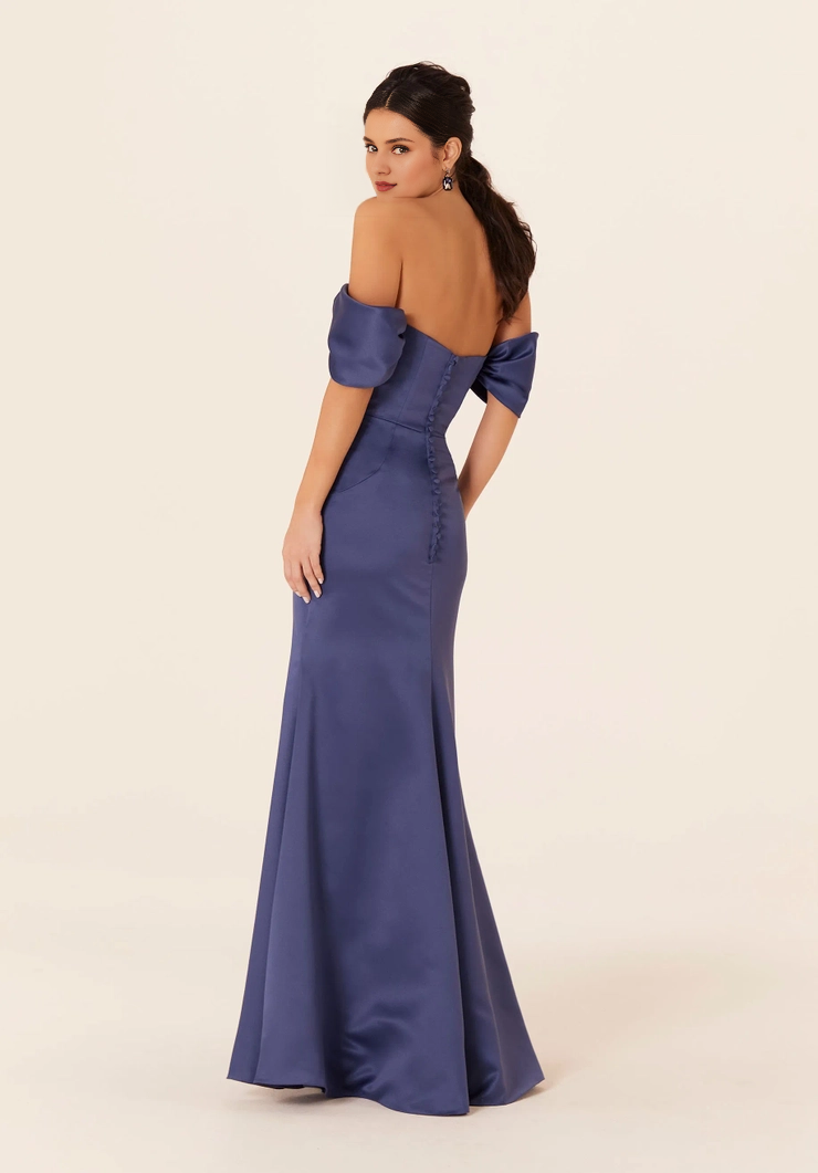 Satin straight neckline off shoulder sleeves trumpet shaped bridesmaid dress