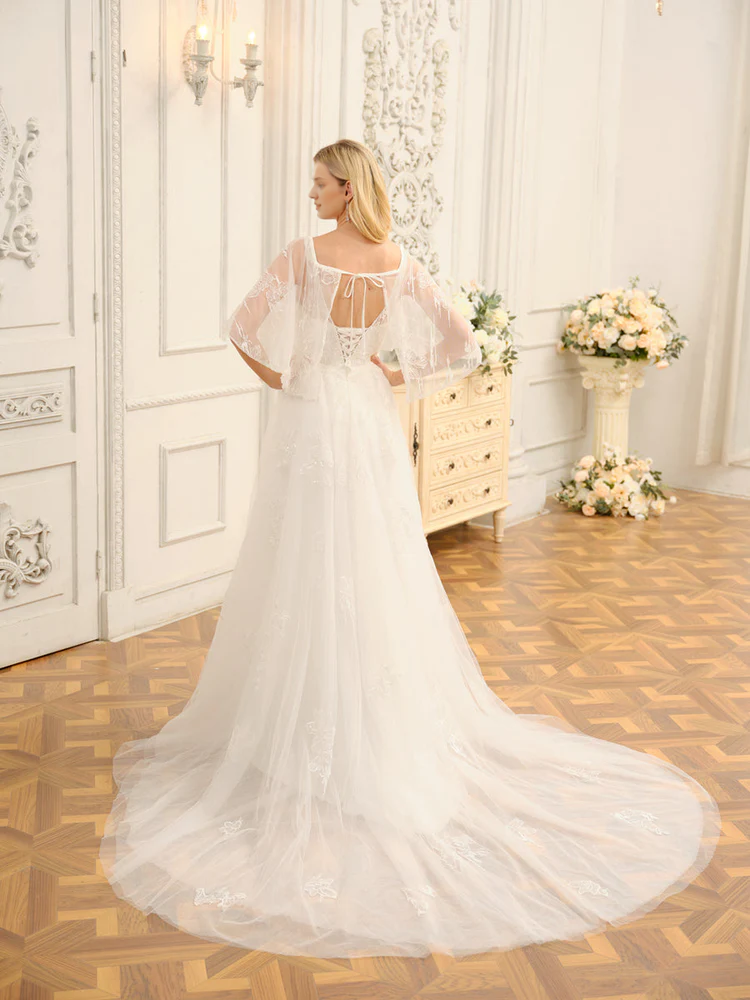 A-line Princess V-neck Half Sleeve Embroidered Long Wedding Dress