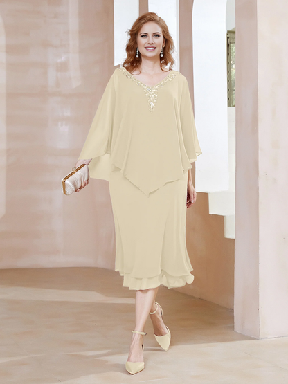 Chiffon V-neck ruffle sleeves mother of the bride dress