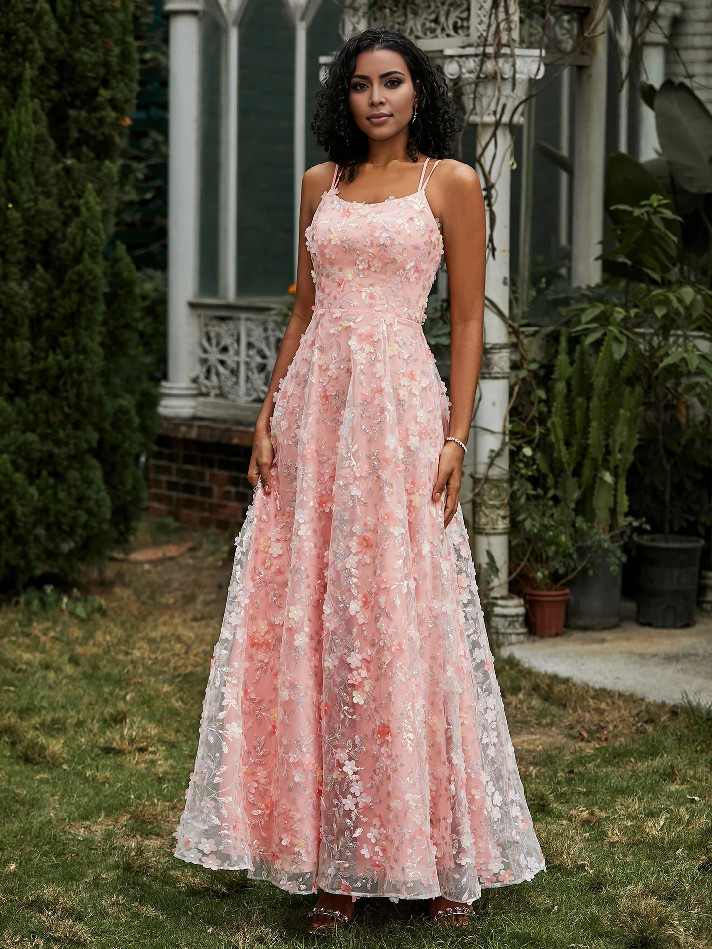 Thin shoulder strap tied floral decal Prom dress