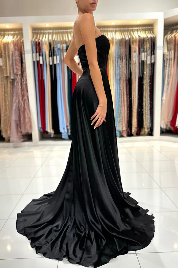 Aline Sweetheart pleated side slit black long formal evening dress