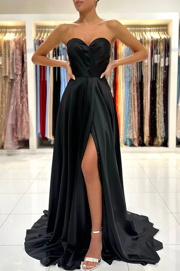 Aline Sweetheart pleated side slit black long formal evening dress