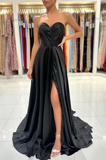 Aline Sweetheart pleated side slit black long formal evening dress