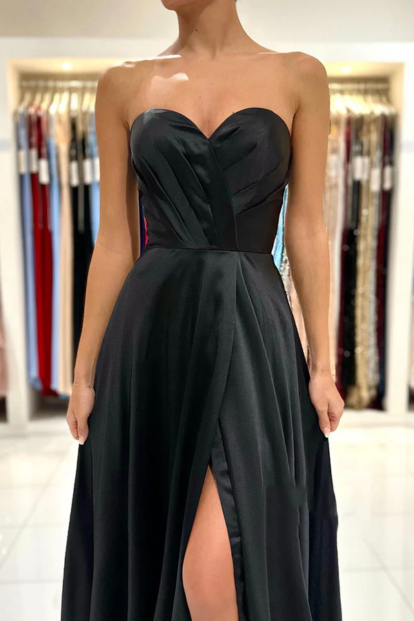 Aline Sweetheart pleated side slit black long formal evening dress