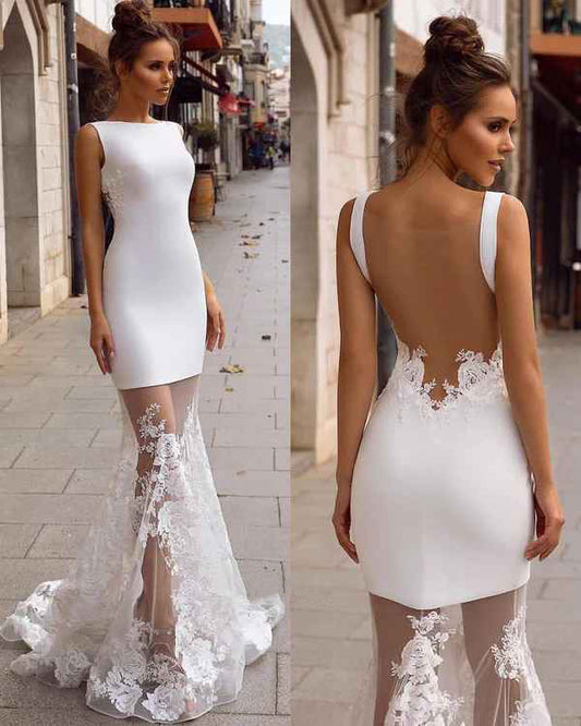 Unique boat shaped lace decal romantic mermaid wedding dress bride dress