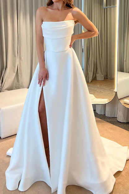 A-line satin strapless empire side slit tail casual wedding