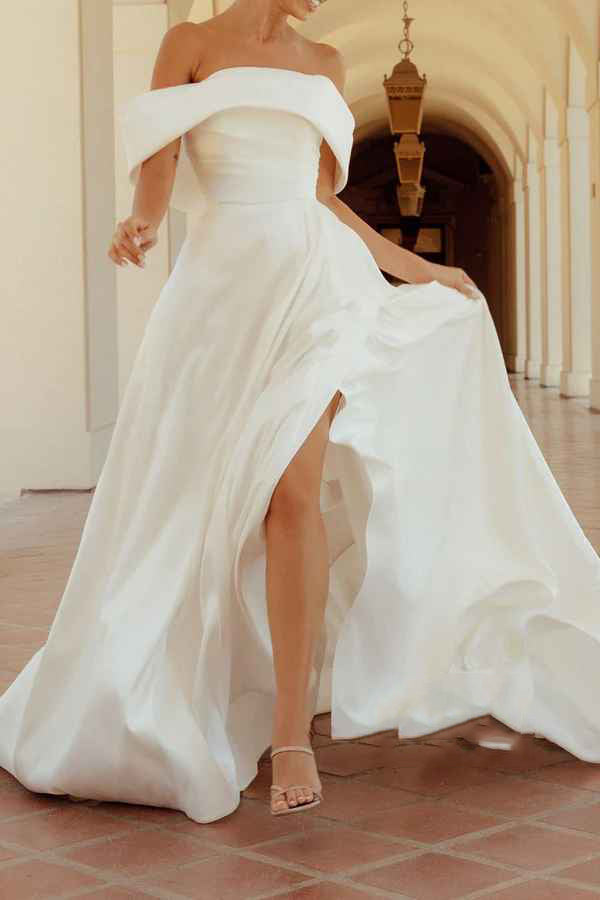 Satin A-shaped off shoulder pleated side slit wedding dress