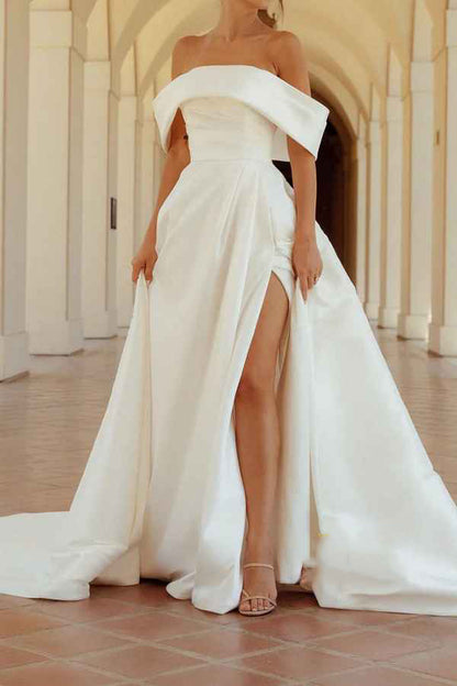 Satin A-shaped off shoulder pleated side slit wedding dress