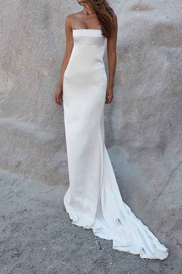 Elegant fit strapless sleeveless train summer beach wedding dress