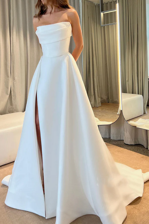 A-line satin strapless empire side slit tail casual wedding