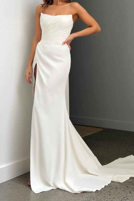 Leisure satin speaker without shoulder strap pleats, side slit beach wedding dress