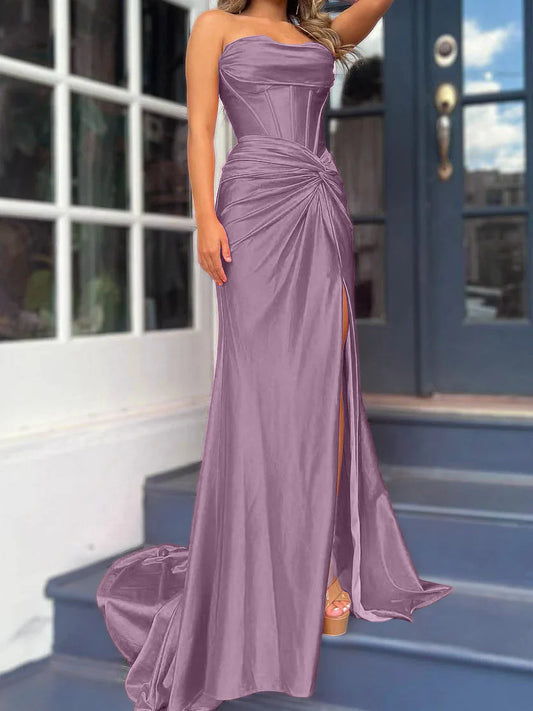 Tight fit/column without shoulder straps and ground length split prom dress