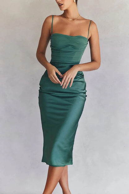 Thin shoulder strap pleated party dance evening dress