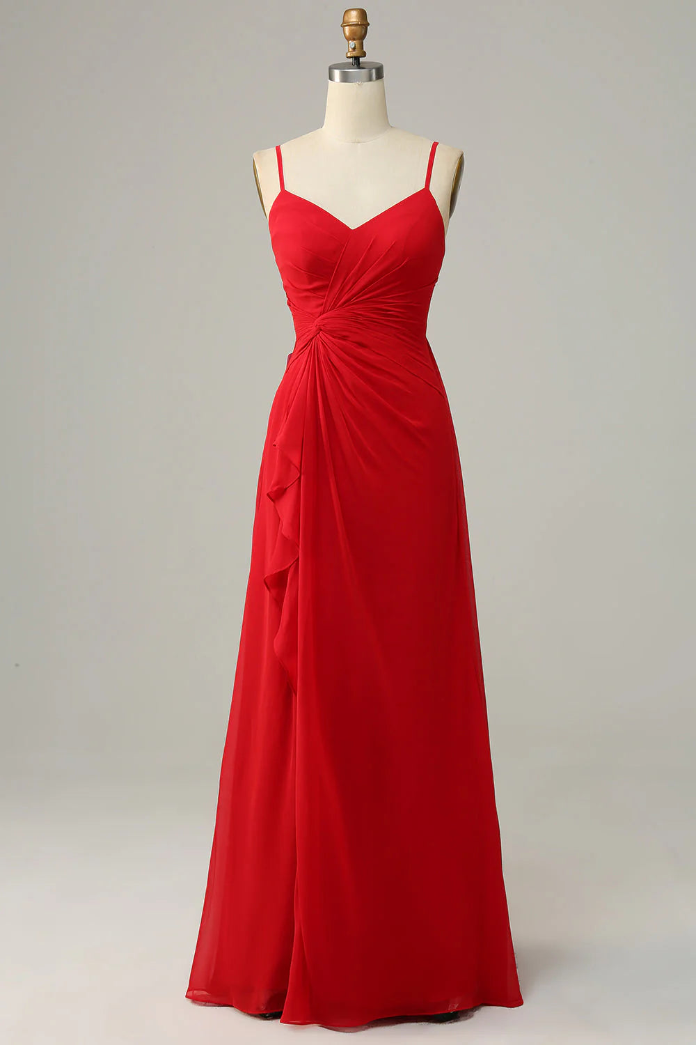 Red thin shoulder strap A-line bridesmaid dress